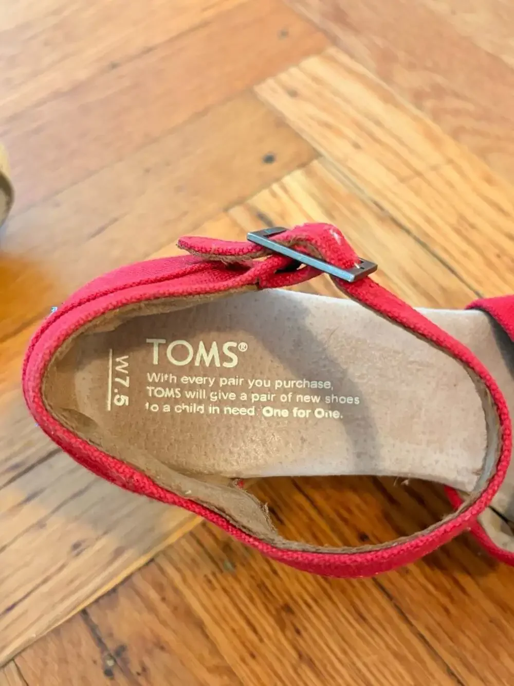 TOMS Red Canvas Espadrille Wedge Sandals Ankle Strap Buckle Summer Workwear 7.5